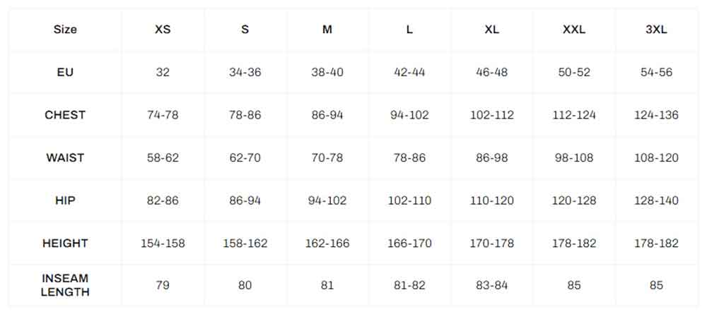 NORTHFINDER WOMENS SIZECHART 